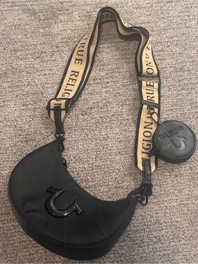 True Religion Black Round Coin Pouch with Branded Strap
